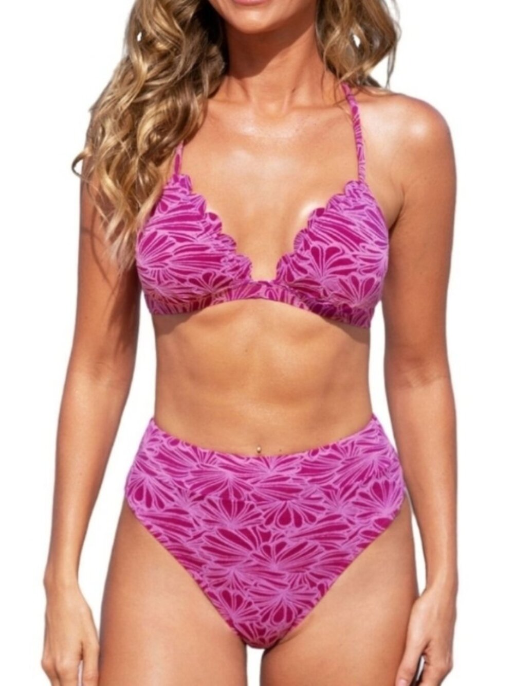 CUPSHE Bikini Set for Women Bathing Suit High Waisted Scalloped V Neck. NEW!
